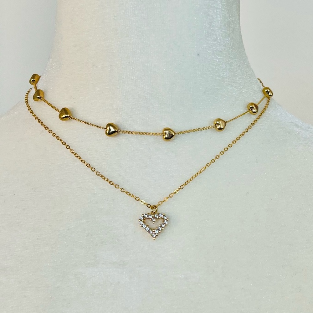 NWOT Double Strand Gold-tone Hearts and Rhinestones Chain-link Necklace - 15”